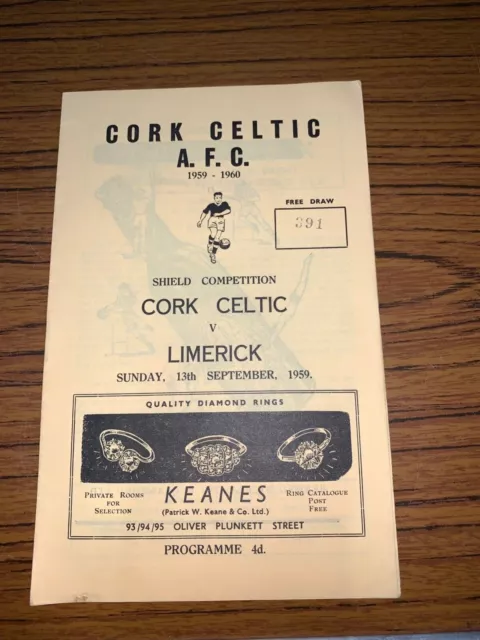 Cork Celtic vs Limerick Official Matchday Programme 13/9/1959