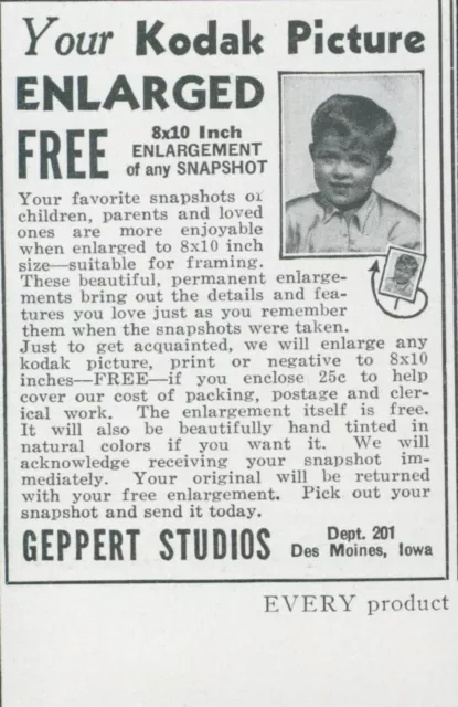 1936 Kodak Picture Enlarged Geppert Studios Des Moines Iowa Vintage Print Ad GH1