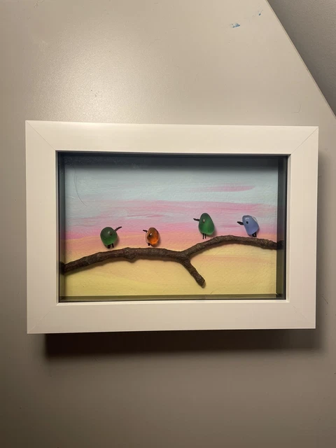 Framed Pebble Picture, Sea Glass Birds On A Branch, Home Decor Wall Art, Gift