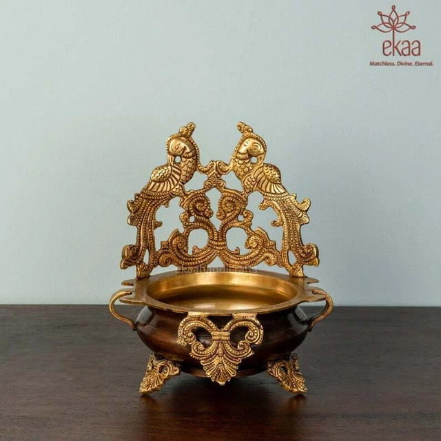 Brass Parrot Urli Statue Traditional Bowl Home Entrance Centre Table Decor