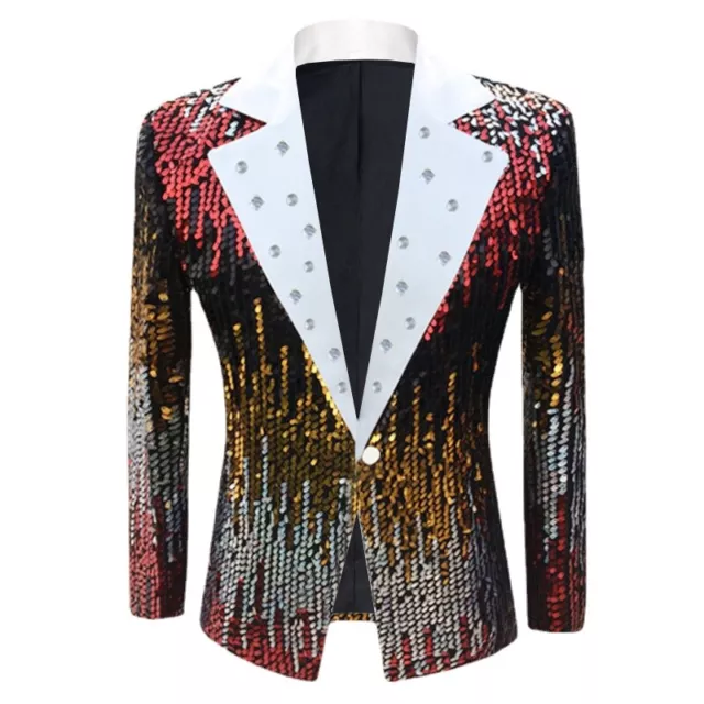 Hommes Brillant Paillettes Blazer Cou Strass Suit Veste Fête Scène Performance