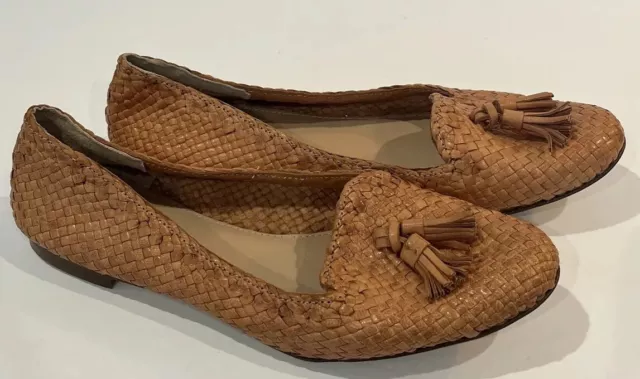 J Crew Woven Leather Flats Womens Sz 7 Tassels Camel Brown Shoes Loafers Italy