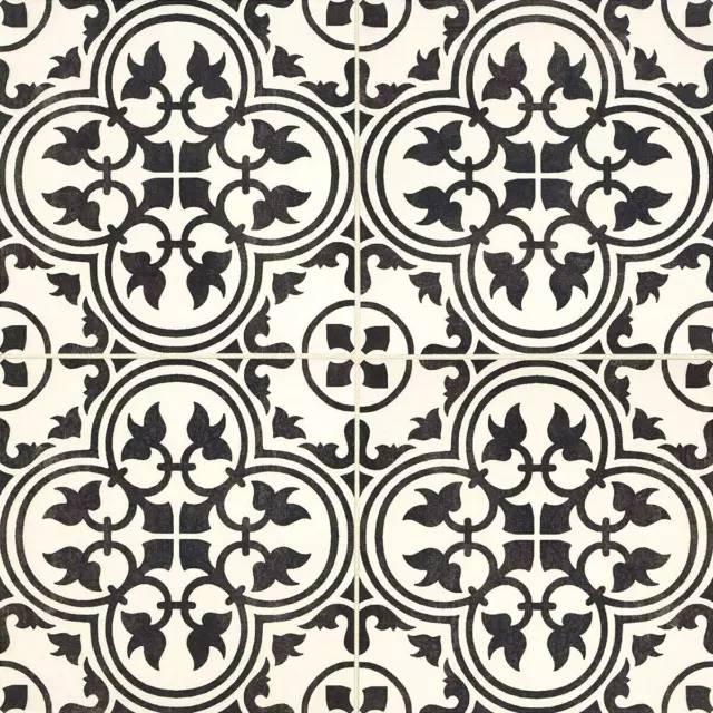 12x12 Flora Black White Encaustic Decorative Ceramic Floor and Wall Tile 1PC