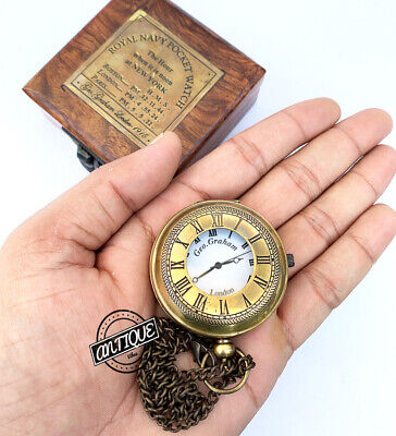 Coat Pocket Watch Chain Clock Steampunk clock w/ Box Wooden Victoria Royal Navy