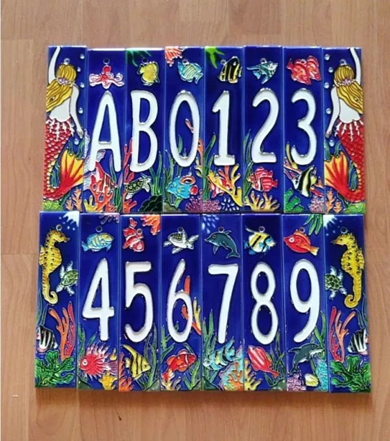 Art on Tile Beach Sea Ocean Fish Aquarium House Ceramic Address Number 0-9