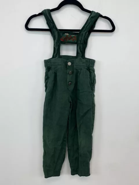 Vintage Austrian Lederhosen Green Overalls Kids Baby 100% Linen Pants Button Up