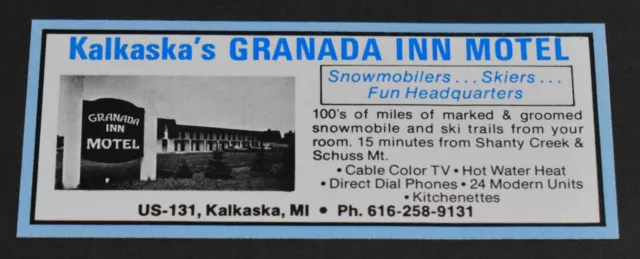 1984 Print Ad Michigan Kalkaska's Granada Inn Motel Snowmobilers Skiers Art