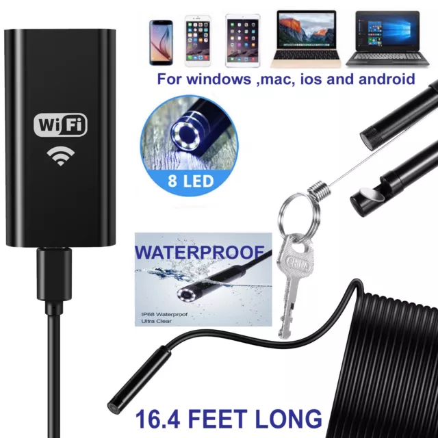 5M 8LED Wireless Endoscope WiFi Borescope Inspection Camera for iPhone Android