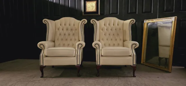 Superb Chesterfield Queen Anne Wingback Leather Armchairs Pair ×2🚛🇬🇧
