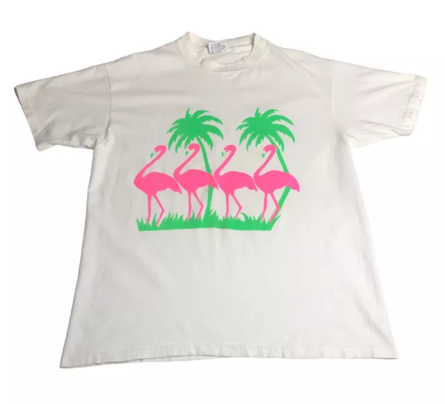 Hanes Beefy T Shirt Mens XL White Vintage Pink Flamingo Palm Tree Single Stitch