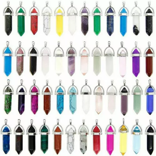 5PCS Natural Gemstone Hexagonal Point Chakra Crystal Healing Stone Pendant