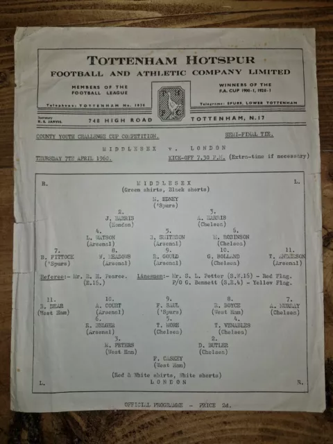 Middlesex v London at Tottenham 7.4.1960 - County Youth Challenge Cup Semi Final