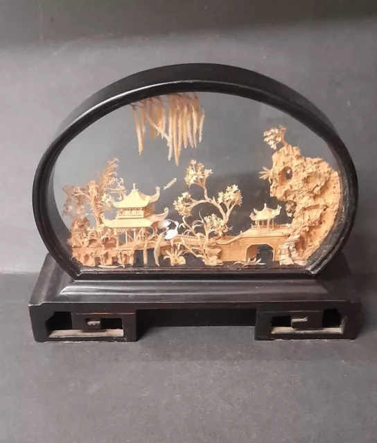 Vintage Chinese Cork Carving Diorama Shadow Box Curved