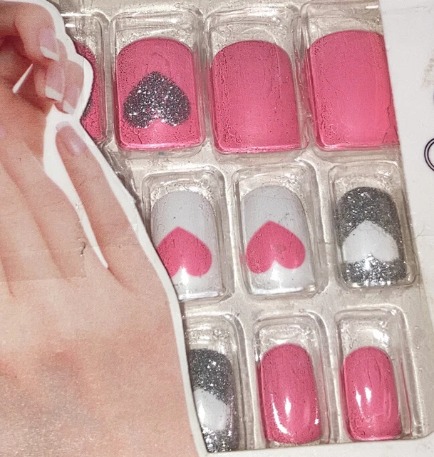 Uñas de corazones rosa uñas cortas prensadas brillo plateado 12 uñas