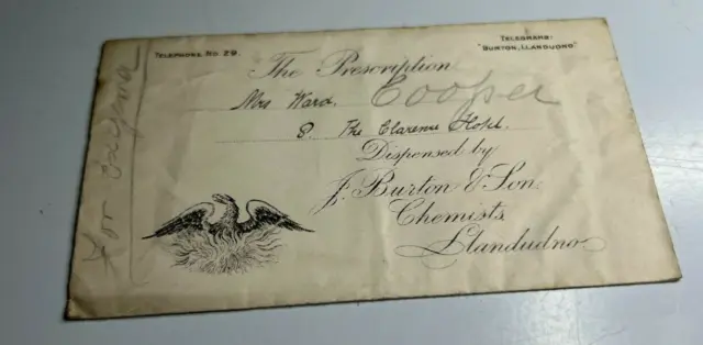 Antique Prescription Envelope  Burton & Son Chemist Llandudno to Mrs Ward