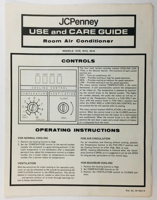 VINTAGE J.C. PENNEY Room Air Conditioner Use and Care Guide 7.99