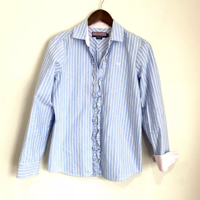 VINEYARD VINES Womens 6 Blue White Pink Stripe Long Sleeve Button Up Shirt Gg4