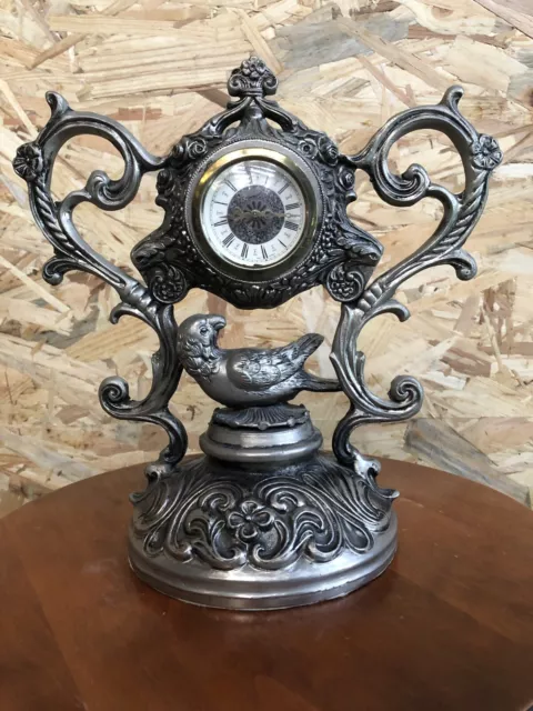 Ancienne Horloge Pendule De Table Style Baroque Métal Gris Made In Italy Vintage 2
