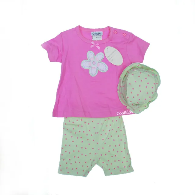 Baby Girls 3pc Summer Short Set,Cerise Top & Lime  shorts  Hat 6/12 - 23 months
