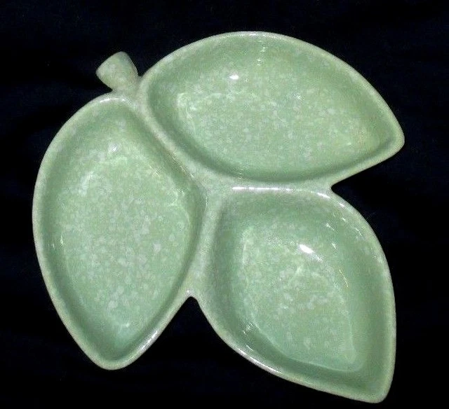 Vintage  **HULL**  Mint Green/White, Pottery, 3 Section, Leaf Serving Dish