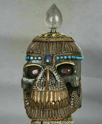 12 inch Old Tibet Crystal Filigree Gold Gem Turquoise Human Skeleton Skull Head 2