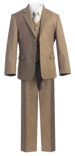 Magen Boy FORMAL SLIM FIT Khaki tan suit 7 pc set coat,vest,pant,shirt,Clip Tie
