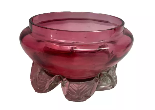 Victorian Cranberry Glass Bowl with Applied Clear Leaf ( B11), Decorative