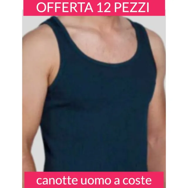 12 Canotte Uomo A Coste Cotone 100% Made In Italy Blu Intimo Vogatore Work