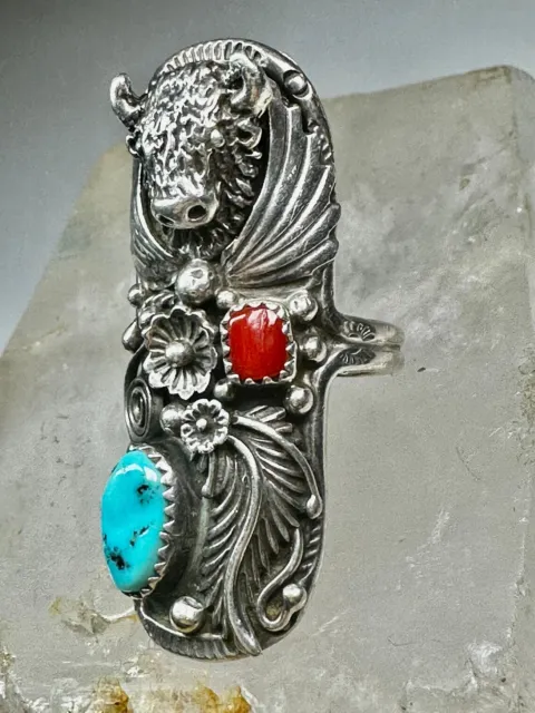 Buffalo long Navajo turquoise coral ring size 9 squash blossom sterling silver w
