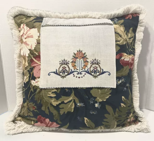 Cross Stitched Needlepoint Floral Throw Pillow English Country Multicolor16 X 16