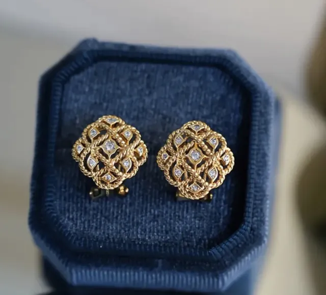 House Harlow Filigree Earrings Square CZ Stud Hollow Gold Plated Studded 1960 Of