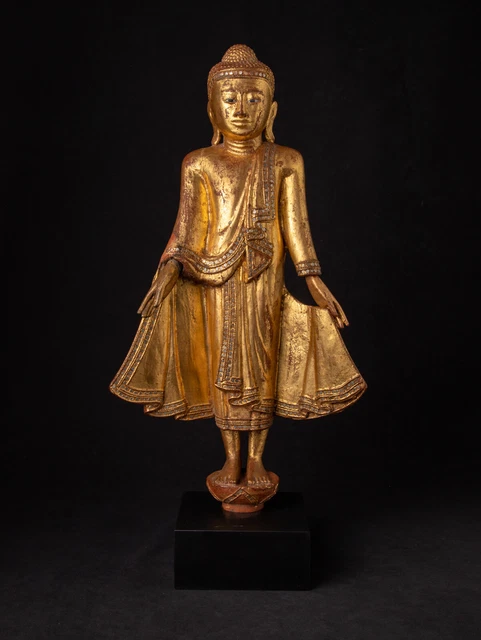 Antique standing wooden Mandalay Buddha from Burma, 19th century