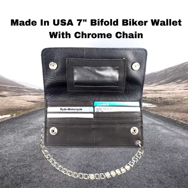 7" Leather Bifold Biker Trucker Chain Wallet 8 Card Slots ID Window BW342