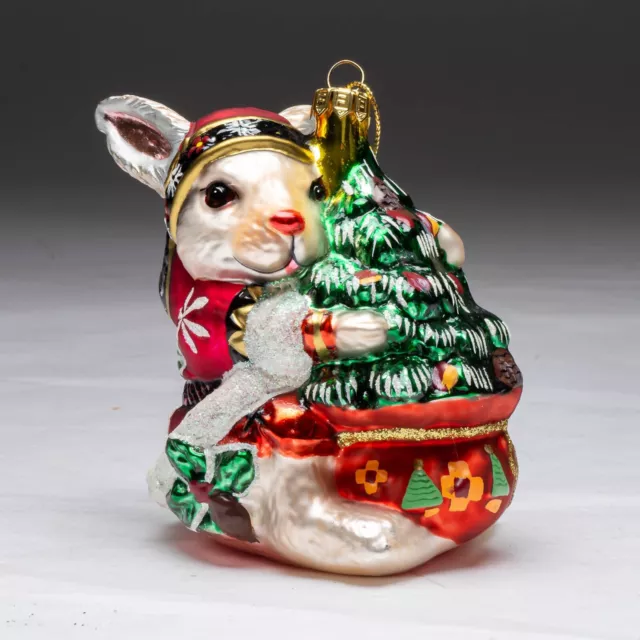 Fitz & Floyd Glass Lodge Rabbit Bunny Hugging Tree Christmas Ornament Excellent