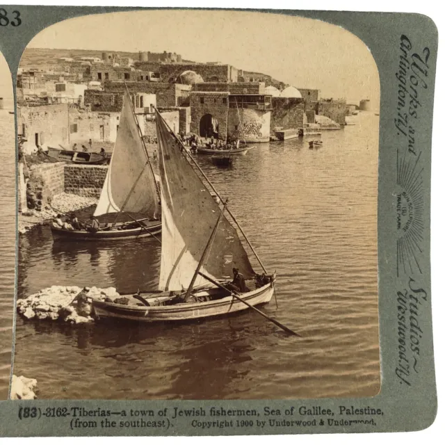 Tiberias Palestine Fishing Boats Stereoview c1900 Sea Galilee Israel Photo A2077