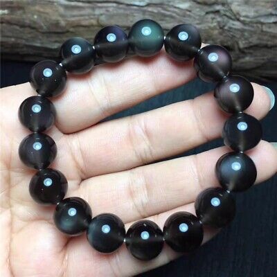 12mm Natural Black Ice Obsidian Colorful Flash Clear Round Beads Bracelet AAAA