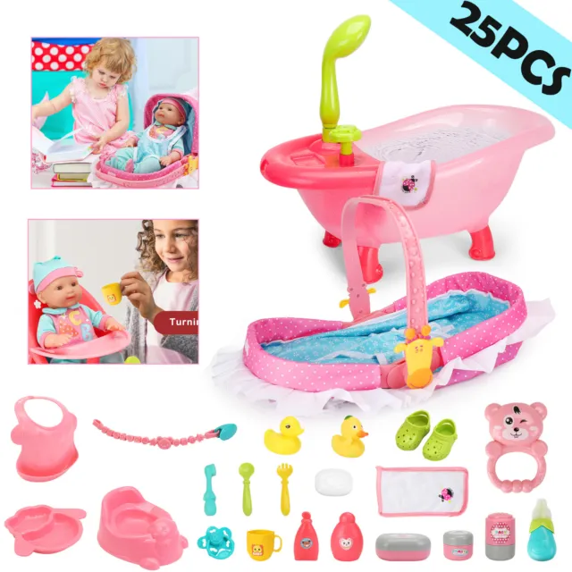 14" Realistic Baby Doll Play Set 25 Pcs Baby Doll Accs High Chair Bath Crib Gift