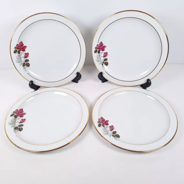 Burleigh Ware Dinner Plates 25cm Pink Floral Rose Gold Rims England Set of 4