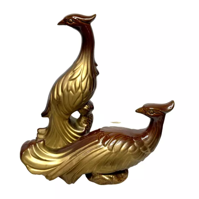 Vintage Peacock Pheasant Bird Figurines Pair Hollywood Regency Gold Tone Ceramic