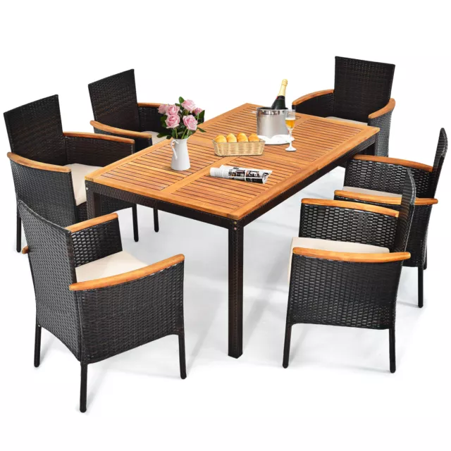 Topbuy 7PCS Outdoor Dining Set Patio Rattan Table & Chairs Set W/ Umbrella Hole