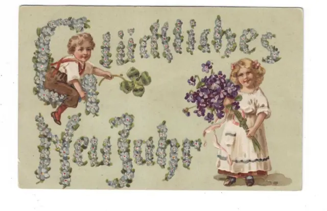 alte AK von ca. 1909, Neujahr, Prägekarte, Kinder, Blumen