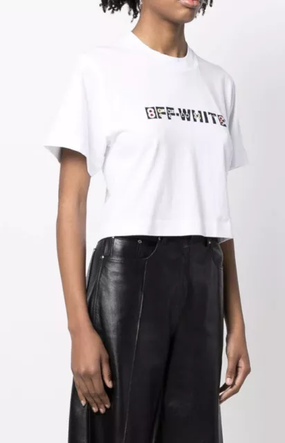 Off White  Geometric Logo crystal-embellished Cropped T Shirt Top Size L