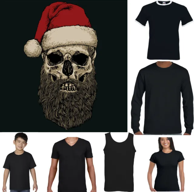 Christmas Biker T-Shirt Mens Santa Skull Funny Xmas Beard Hat Secret Santa Bike