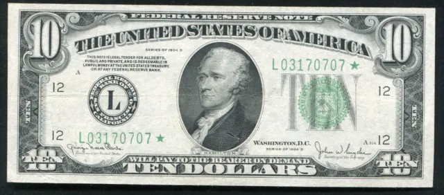 Fr. 2009-L* 1934-D $10 *Star* Federal Reserve Note San Francisco, Ca Xf/Au Rare