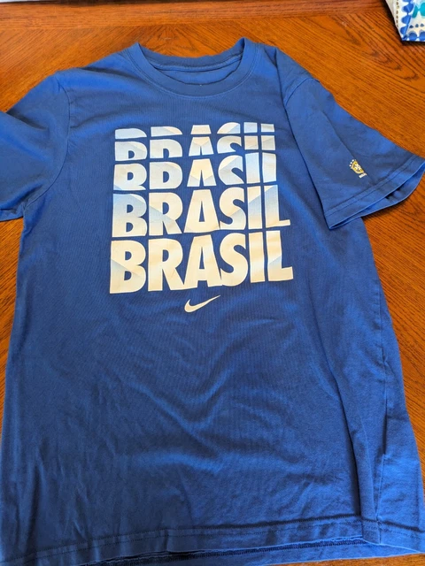 Nike Brasil Mens T-Shirt Blue Size L Large Slim Fit Futebol CBF Brazil Soccer