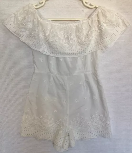 JAASE Playsuit Jumpsuit Size XS White Cotton Hippie Boho Summer Day ruffle neck