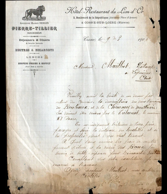 "COSNE-sur-LOIRE (58) HOTEL-RESTAURANT du LION D'OR "PIERRE-TILLIER" in 1906