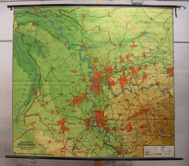 Belle Vieux Schulwandkarte Regierungsbezirk Düsseldorf ~1957 197x182 Vintage Map