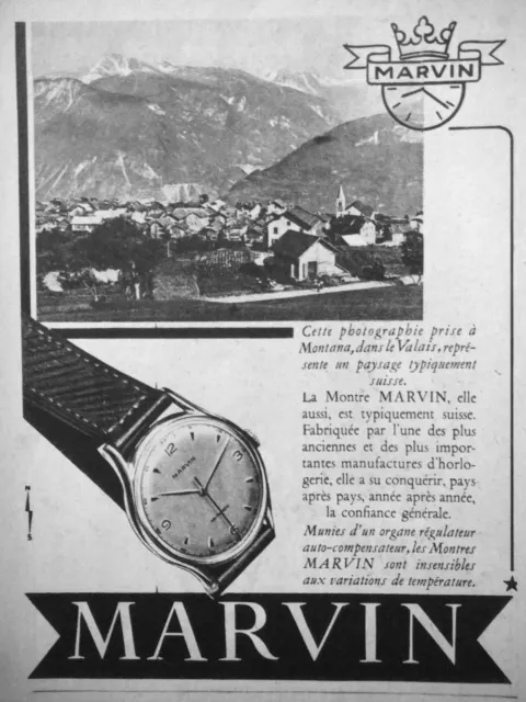 Publicité De Presse 1951 La Montre Marvin - Vue De Montana Dans Le Valais Suisse