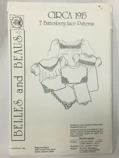 7 patrones de encaje Battenberg vintage 1985 Belles and Beaus alrededor de 1915 sin cortar FF